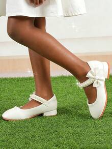 Girls' White Bow High Heel Princess Shoes, Pearl Embellished Shoes, Spring/Autumn, For Party, Wedding, Flower Girl, Dress - White - View 1