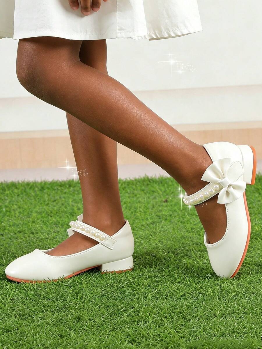 Girls' White Bow High Heel Princess Shoes, Pearl Embellished Shoes, Spring/Autumn, For Party, Wedding, Flower Girl, Dress - White - View 1