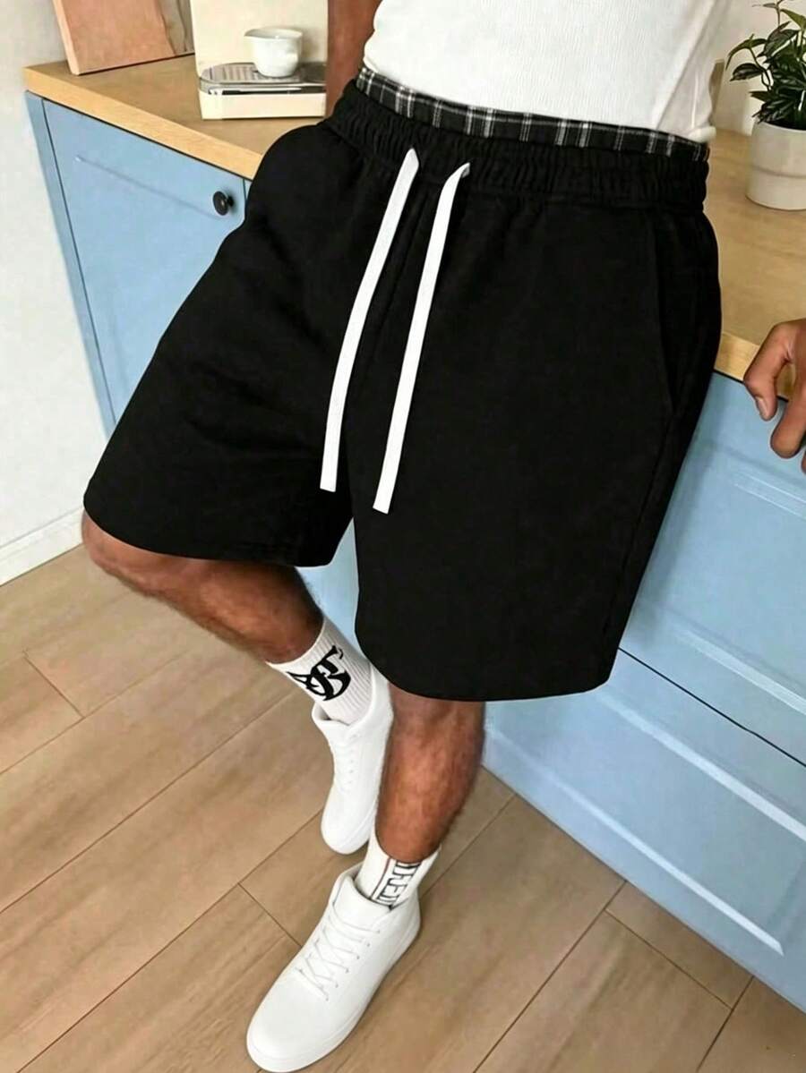 男士夏季休閒短褲-鬆緊腰帶附抽繩,寬鬆版型運動黑色 - 黑色 - 查看 1