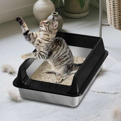Multi-Functional Stainless Steel Cat Litter Boxs With Low Entry, High Sided Extra Large Litter Box, Low Entry Litter Box For Dormitory Indoor Car Living Room, Easy To Cleaning