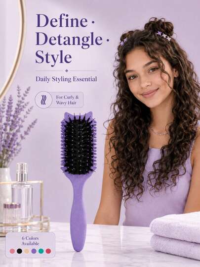 Curl Defining Brush For Curly Hair, Detangling Styling Paddle Brush With Rounded Pins, Side Teeth & Comfort Grip, Wet Dry Hair Brush For Teen Girls And Women, Back-To-School, Home & Travel Hair Styling, 6 Colors
