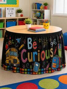 1pc Blackboard Back To School Polyester Table Skirt, Fun Educational Rectangular Table Decor With Letter Title, Yellow School Bus, Backpack And Ruler Print, Suitable For Classroom Decor, Room Decor, Home Decor, Bedroom Decor And Party Supplies - Multicolor - View 2