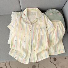 2件組 2026夏季新款女款短袖短褲睡衣套裝 卡通可愛女孩開襟衫 透氣居家服 - 彩色 - 查看 8