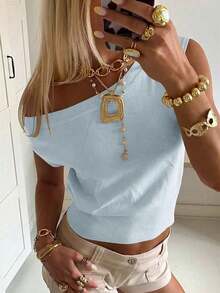 Y2K Women's Summer Sexy Off-Shoulder Knit Top, Casual Pink Blouse, Suitable For Party, Date, Vacation And Daily Wear - Baby Blue - View 1