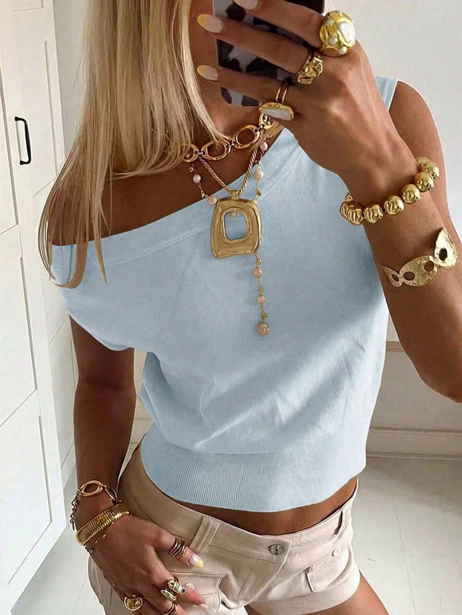 Y2K Women's Summer Sexy Off-Shoulder Knit Top, Casual Pink Blouse, Suitable For Party, Date, Vacation And Daily Wear - Baby Blue - View 1