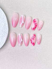 10 Pieces Of Handmade Press On Nails,Nails,Fake Nails,Short Nails,Almond Nails,Pink Nails,With White Wavy Line Patterns,Nails Printed With Pink Petal Water Ripple Texture And Twisted Pink Swirl Accents,Perfect For Daily Wear And Date. - Pink - View 5