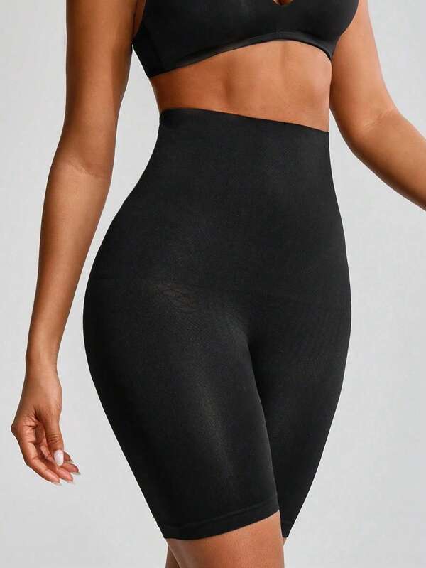 1 pièce Short de gainage sans couture taille haute pour femmes, couleur unie mi-cuisse, contrôle du ventre, lève-fesses, élastique anti-roulement, sous-vêtement invisible décontracté