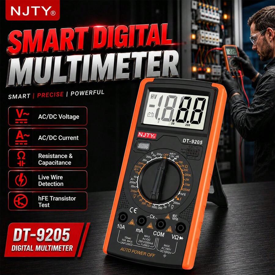 NJTY DT-9205 جهاز قياس متعدد رقمي، جهاز اختبار متعدد النطاق اليدوي لقياس الجهد والتيار والمقاومة والسعة والتردد ودرجة الحرارة والديود والترانزستور HFE، شاشة LCD كبيرة، إيقاف تلقائي للطاقة، حامل قابل للطي للاستخدام المنزلي والصناعي