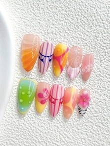 10片裝可愛風手工穿戴甲，Polygel美甲套組，貝殼水滴圖案，黃綠色指甲油，夏季通勤風，附美甲工具，3種尺寸可選，杏仁甲、鴨嘴甲、棺材甲，適合派對、舞蹈、日常配戴 - 彩色 - 查看 20