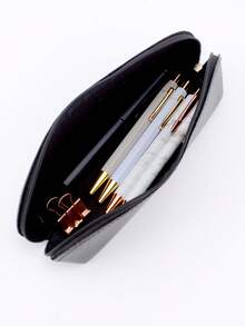 1/2 buah/1 set Kotak Pensil Kulit PU Minimalis Warna Polos Kapasitas Besar, Cocok untuk Kosmetik, Kuas, dan Perlengkapan Sekolah (Set Penghapus Opsional) - hitam - View 4