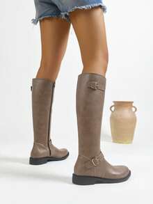 Fashion PU Leather Slimming Tall Boots For Women, Autumn/Winter New Side Zipper Mid-Calf Riding Boots - Khaki - View 7