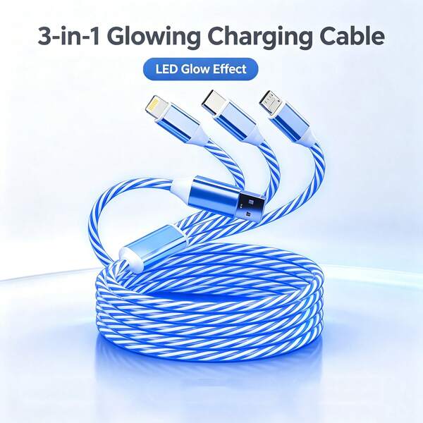 Kabel Data USB Bercahaya 3-in-1 LED Kabel Pengisian Daya Tahan Lama Multifungsi Efisiensi Tinggi Kabel Pengisian Cepat Kompatibel dengan Ponsel Seri 17/16/15/14/13/12/11/XS/XR/8/7/6 dan Laptop Kabel Data Pengisian Daya