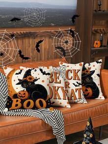 4 Pezzi Federe per Cuscini Decorativi di Ognissanti 17,72 X 17,72 Pollici con Gatto Nero, Zucca, Luna, Pipistrello, Ragnatela, Adatte per Divano, Camera da Letto, Soggiorno, Auto, Decorazione per la Casa, Forniture per Feste di Compleanno (Inserti non Inclusi) - multicolore - Visualizzare 4