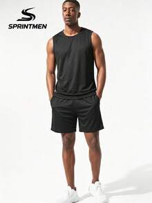 2pcs/Set Men's Black Mesh Sleeveless Tank Top + Loose Shorts, Men's Sportswear Set, Men's Lightweight Breathable Soft Fabric Fitness Workout Outfit, Suitable For Summer Running, Basketball, Machine Washable - Black - View 2