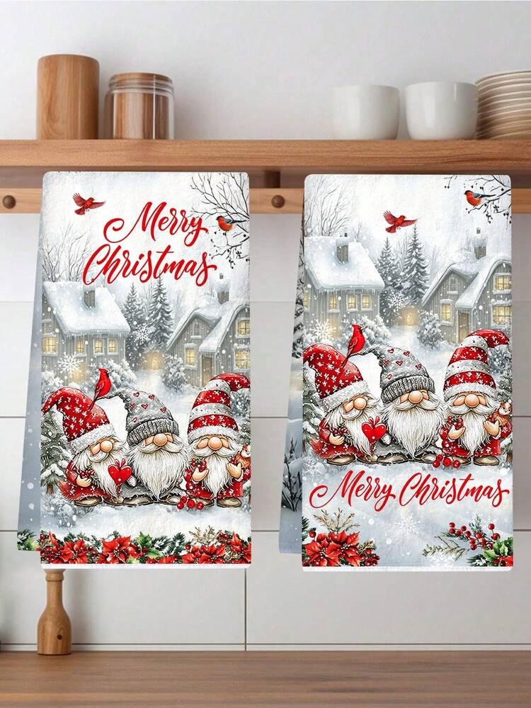 2pcs Christmas Gnome Kitchen Dish Towels, 40*48cm Snow House & Poinsettia Pattern Dish Cloths, Soft Polyester Hand Towels, Home Christmas Decor, Kitchen Accessories, Tabletop Decoration, Bathroom Housewarming Gift, Holiday Winter Vacation Decor - Red Hat Faceless Doll - View 2
