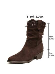 Lock-Hole Woven Edge Chunky Heel Western Boots Solid Color Patchwork Slouchy Boots Fashion Versatile Ankle Boots Slouchy Pointed Toe Suede Boots Suitable For Music Festival Halloween - Brown - View 7