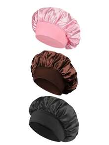 3/2/1pc Women's Satin Hair Bonnet, Wide Brim High Elasticity Silk Sleep Cap, Premium Satin Hair Bonnet, Curly Hair Silk Headband, Women's Hat - Multicolor - View 16