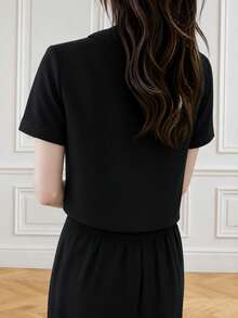 Fashionable Long Sleeve Design Satin Shirt, Solid Color Polyester, Front Button Closure Black Summer - Black - View 3