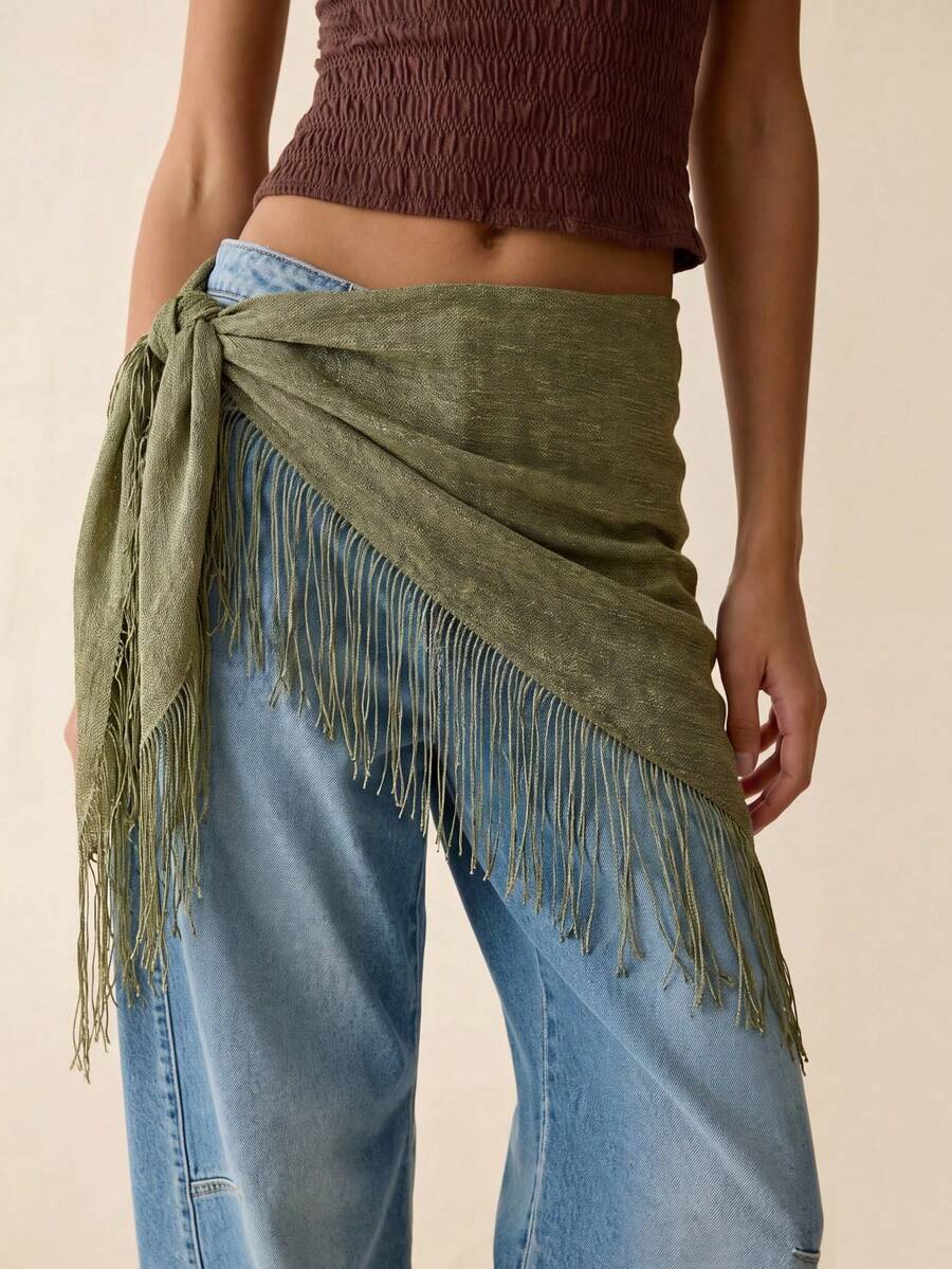 1PC Solid Color Tassel Shiny Silk Triangle Scarf, Can Be Used As Belt, Bag Decoration, Ribbon, Hairband, Suitable For Daily Wear, Wedding, Formal Occasions, Summer Beach - Green - View 1