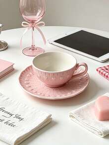1pc Pink Heart Ceramic Coffee Cup & Saucer Set, Suitable For Home, Restaurant, Kitchen, Office And Various Occasions, Can Be Used As Coffee Cup, Latte Cup, Juice Cup, Afternoon Tea Cup, A Perfect Gift Choice - Cherry Blossoms and Leisurely Coffee Cups and Saucers - View 6