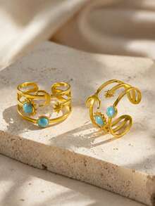 1pc Fashionable Stainless Steel Ring For Women With Enamel Craft Geometric Design, Suitable For Daily Wear - Yellow Gold - View 8