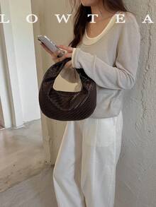 low tea 1pc Minimalist Fashion Woven Texture PU Fabric Handbag, Suitable For Commuting, Shopping And More - Coffee - View 8
