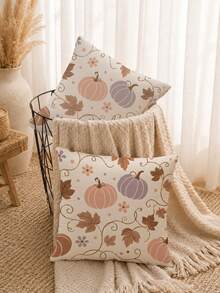 MEMNUN 1pc Pink Purple Vine Autumn Leaf Small Pumpkin Waffle Pillowcase 45*45cm Made Of Polyester Material Simple Line Autumn Fruit And Floral Print Cushion Cover Single-Sided Print Hidden Zipper Polyester Decorative Pillowcase Without Pillow Insert Living Room, Sofa, Bedroom, Car Home Decor - Multicolor - View 6