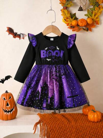 Halloween Young Girl Autumn/Winter Purple Bat Castle Pumpkin Skeleton Ghost Face Print Mesh Star Long Sleeve Dress, Fashion Holiday Party Gift Princess Dress
