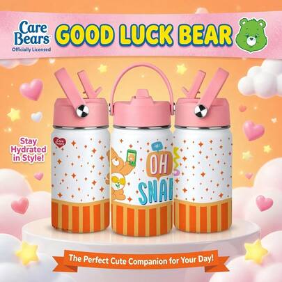 1個 12oz 正版 Care Bears Sunflower Bear IP 便攜式 304 不鏽鋼雙層真空保溫兒童隨行杯，美式復古卡通風 白色配橘色條紋與亮粉星星 Selfie Bear OH SNAP 字母印花，迷你直筒紫色翻蓋吸管手提杯蓋，長效保溫保冷，防漏，適合幼兒園、學校、旅行、生日禮物，四季通用