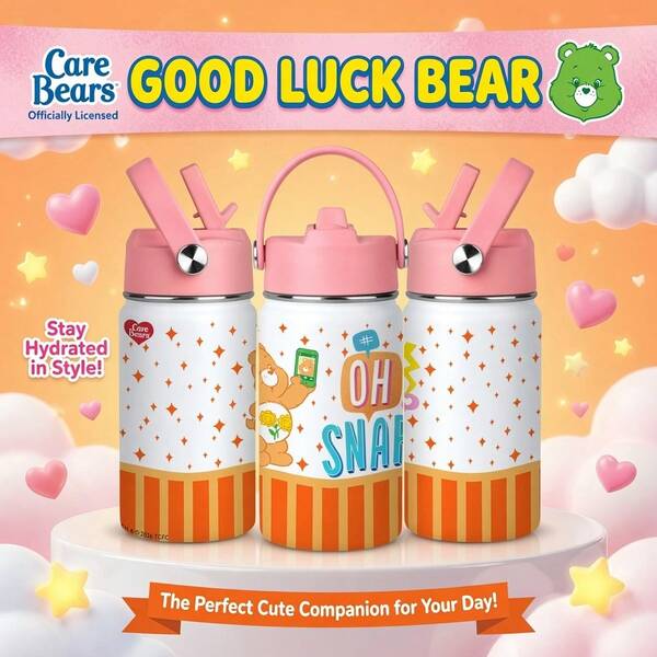 1pc 12oz Authentic Care Bears Sunflower Bear IP Portable 304 Double-Wall Vacuum Stainless Steel Kids Insulated Tumbler, American Retro Cartoon Style White With Orange Stripes & Glitter Stars Selfie Bear OH SNAP Letter Print, Mini Straight Cylindrical Purple Flip Lid Straw Handle Cup Lid, Long-Lasting Heat & Cold Retention, Leak-Proof, Portable Water Bottle For Kindergarten, School, Travel, Birthday Gift, All-Season Use