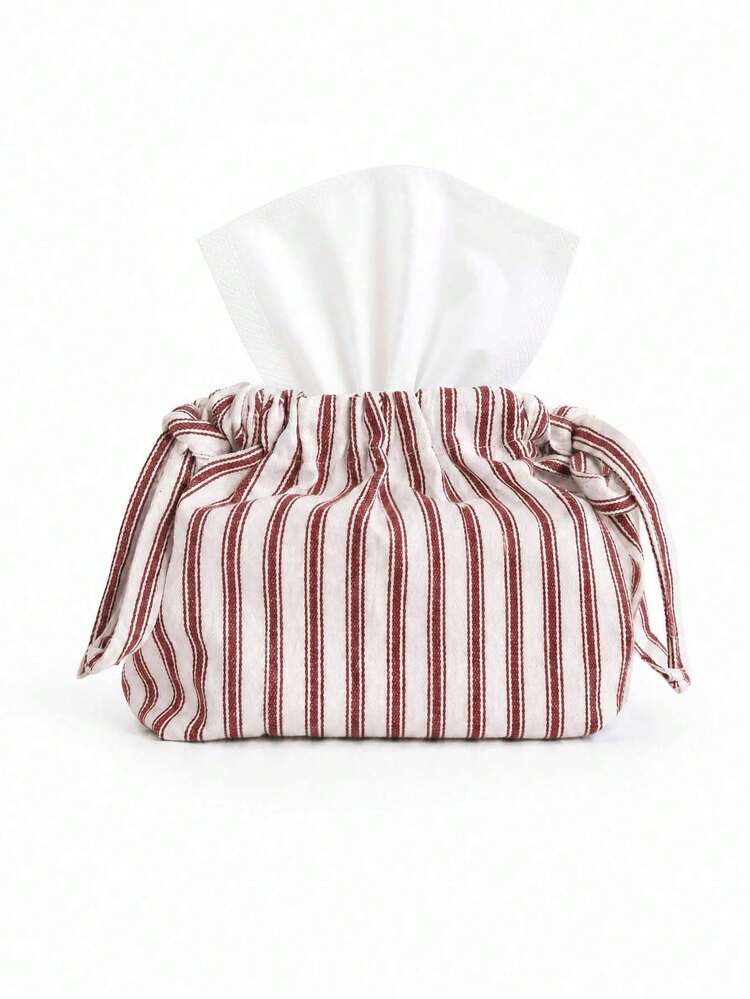 1PC Striped Drawstring Fabric Tissue Bag, Retro Stripe Cloth Tissue Box Cover, Decorative Soft Linen Tissue Holder, Portable Tissue Storage Pouch For Home Decor, Living Room, Bedroom, Coffee Table, Car, Farmhouse Style Tissue Dispenser Cover - Multicolor - View 12