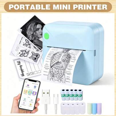 Mini imprimante thermique sans encre, imprimante portable de poche pour autocollants et reçus avec 13 rouleaux de papier thermique (8 rouleaux de papier thermique et 5 rouleaux de papier autocollant), imprimante pour smartphone pour photos, notes, journaux, étiquettes, maison et bureau