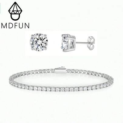 MDFUN 18K白金鍍手鍊與耳環套組，3mm網球鏈 + 6mm鋯石耳釘，適合約會、派對與日常穿搭造型