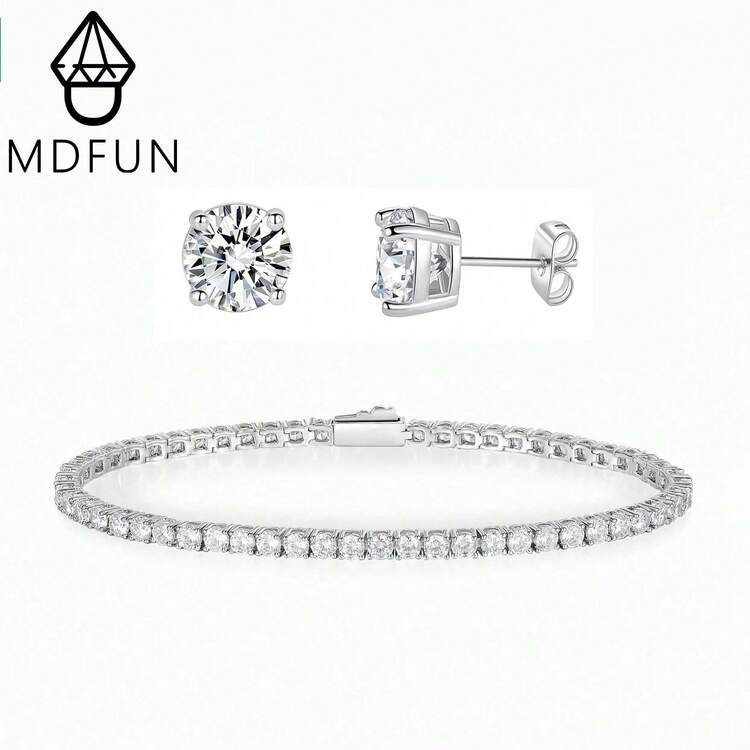 MDFUN 18K White Gold Plated Bracelet & Earring Set, 3mm Tennis Chain + 6mm Zirconia Studs, Perfect For Dating Party Daily Matching Looks - White Gold - View 1