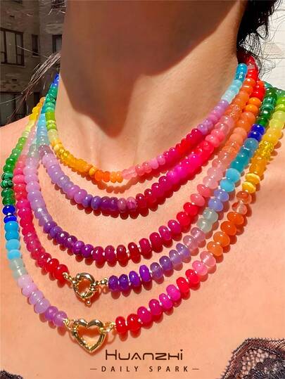 1pc Colorful Romantic Dopamine Handmade Beaded Necklace, Bohemian Heart-Shaped Clasp, OT Clasp Multi-Style Beaded Necklace, Summer Charm Choker Jewelry (Random Beaded)