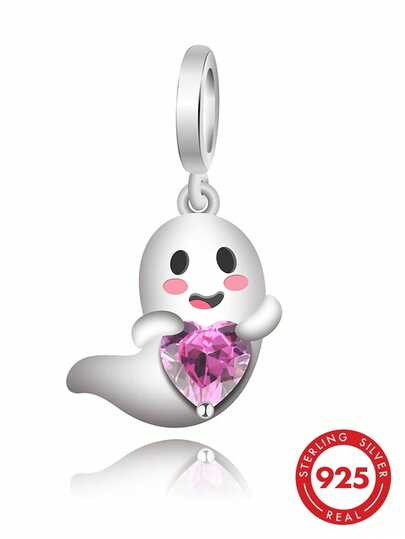 1 Peça Pingente de Fantasma Fofo com Bochechas Rosadas em Prata Esterlina S925 com Zircônia em Formato de Coração Rosa, Acessório de Prata DIY para Pulseira com Contas de Furo Grande, Estilo Doce de Desenho Animado para Halloween