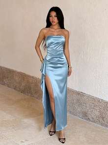 Women Elegant Satin Strapless Ruched Slit Bodycon Dress, Spring - Blue - View 1