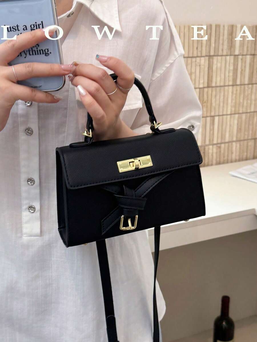 Low Tea 1件裝純色PU布料女款優雅時尚方形托特包,頂部單手柄設計,按扣開合,可拆卸可調節肩帶,可用於單肩或斜背,適合旅行、購物、約會,通勤、戶外、出遊,女性禮物首選 - 黑色 - 查看 1