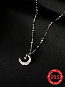 1pc S925 Sterling Silver Luxury Cool-Tone Full Rhinestone Crescent Moon & 8-Point Star Pendant Necklace, Dreamy Romantic Elegant Niche Exquisite Personalized Neck Accessory For Women, Suitable For Date, Vacation Or Daily Wear, Holiday Fashion Gift - Stars and Moon - View 5