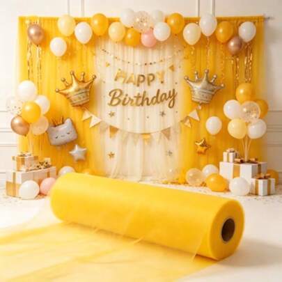 Lightweight Yellow Polyester Net Fabric Roll For Party And Holiday Decorations - Christmas, New Year, Halloween, Thanksgiving, Engagement And Birthday Backdrop Draping Fabric