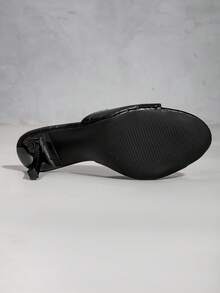 女款黑色石紋圓頭細高跟涼鞋，露背設計奢華時尚涼鞋，露趾舒適穆勒鞋，細高跟鏈條涼鞋，適合派對、晚宴，性感PU皮革涼鞋，舒適通勤辦公涼鞋，春夏秋季 - 黑色2 - 查看 7