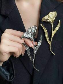 1PC European & American Vintage Luxury Exaggerated Metallic Leaf & Flower Brooch, For Women's Daily, Party, Date Wear - Silver - View 2