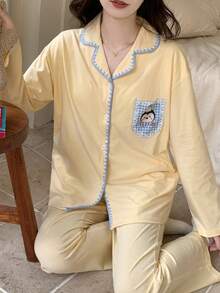 2pcs/Set Women's Pajama Loungewear Set, Penguin Print Cute Lapel Cardigan Long Sleeve Cropped Pants Comfortable Home Style - Yellow - View 2