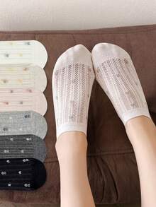 5/10 Pairs Women's Korean Style Heart & Floral Pattern Low-Cut Boat Socks, Thin Comfortable Invisible Ankle Socks (Cardboard Not Included) - Multicolor - View 3