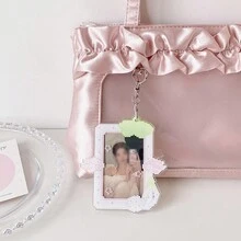 1pc Strawberry & Angel Wings Photocard Holder, Heart-Shaped Metal Keychain Transparent Photo Card Frame Sleeve, Multi-Purpose Portable Student Campus Card/Bus Card/Credit Card Protective Case, Idol Photocard Collection, Back To School - Card Sleeve - View 1