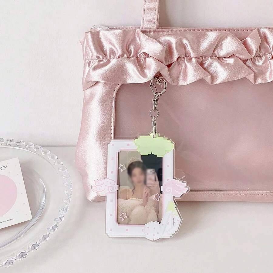 1pc Strawberry & Angel Wings Photocard Holder, Heart-Shaped Metal Keychain Transparent Photo Card Frame Sleeve, Multi-Purpose Portable Student Campus Card/Bus Card/Credit Card Protective Case, Idol Photocard Collection, Back To School - Card Sleeve - View 1