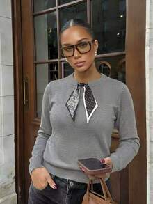 Women's Autumn/Winter Mixed Gray Crew Neck Knit Top With Paisley Print Scarf Tie, Commute Work Top - Grey - View 9