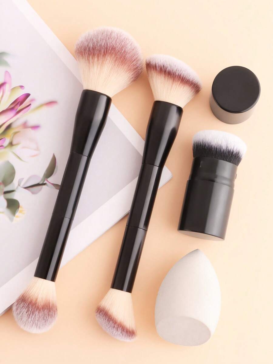 ronshadow 2pcs Dual-Ended Multi-Function Makeup Brushes + Short Retractable Blush Brush With Makeup Sponge 4-Piece Set, Powder Brush, Angled Blush & Foundation Brush, Retractable Portable Foundation Brush, Full Face Base Makeup & Color Makeup Tools - Multicolor - View 1