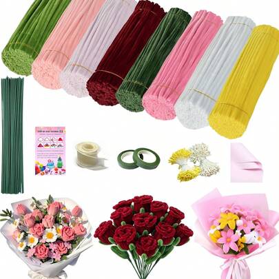 800件手工花卉管狀毛絨套組，DIY花束製作套件，包含2張包裝紙、2捲花藝膠帶、20根花莖、2米緞帶、300個花藥和1本說明書，適合手工藝術與工藝