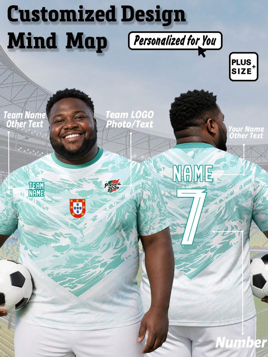1pc 2026 World Cup Portugal Away Style Men's Plus Size Football T-Shirt, Customizable Name, Number, Logo, Suitable As Father's Day Gift Sports - Mint Green - View 1